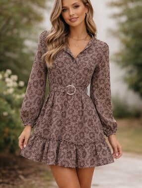 Pink Lily Mauve Floral Long-Sleeve V-Neck Ruffle Dress